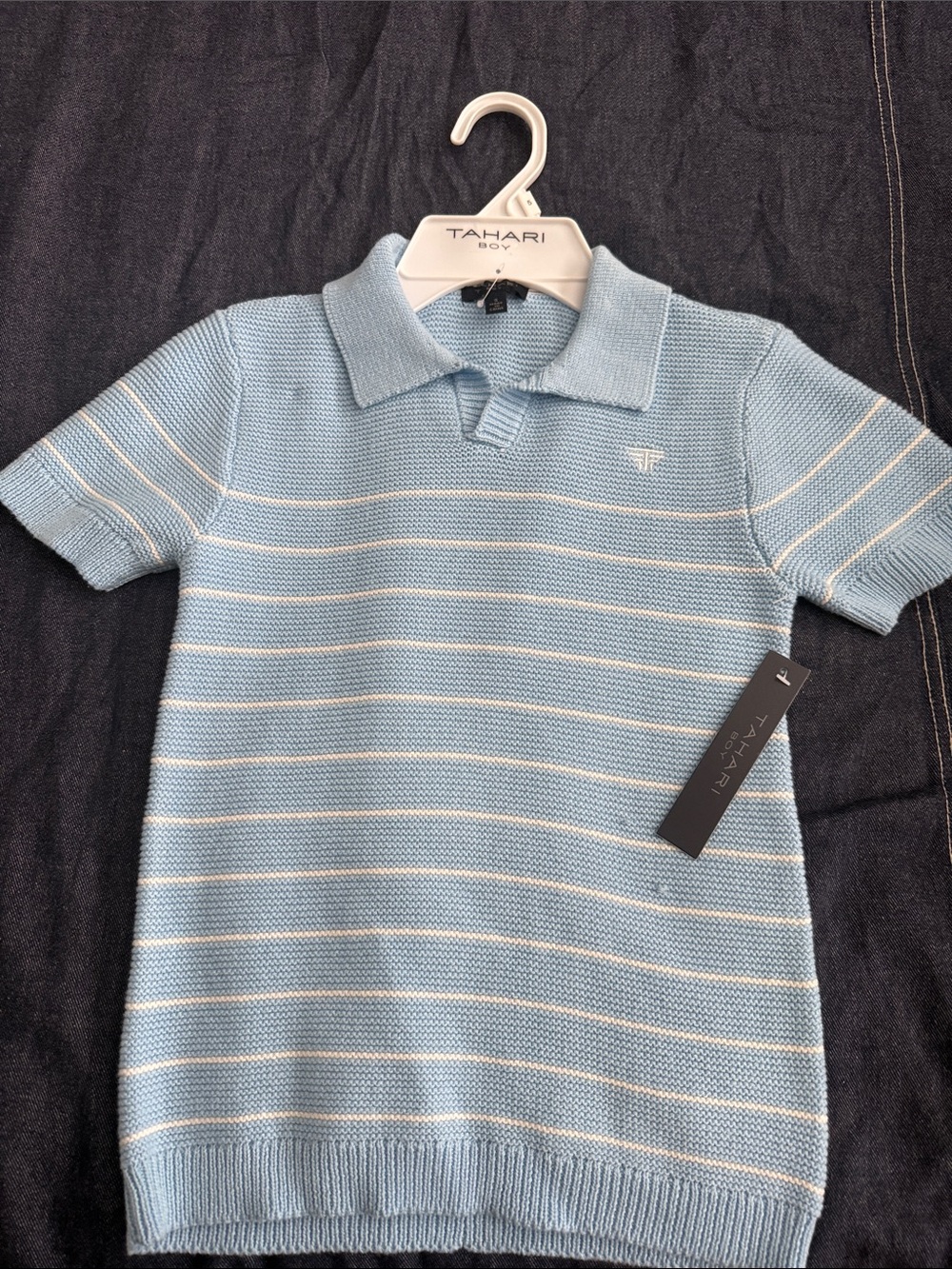 Tahari Sky Blue and White Striped Polo Knit Top